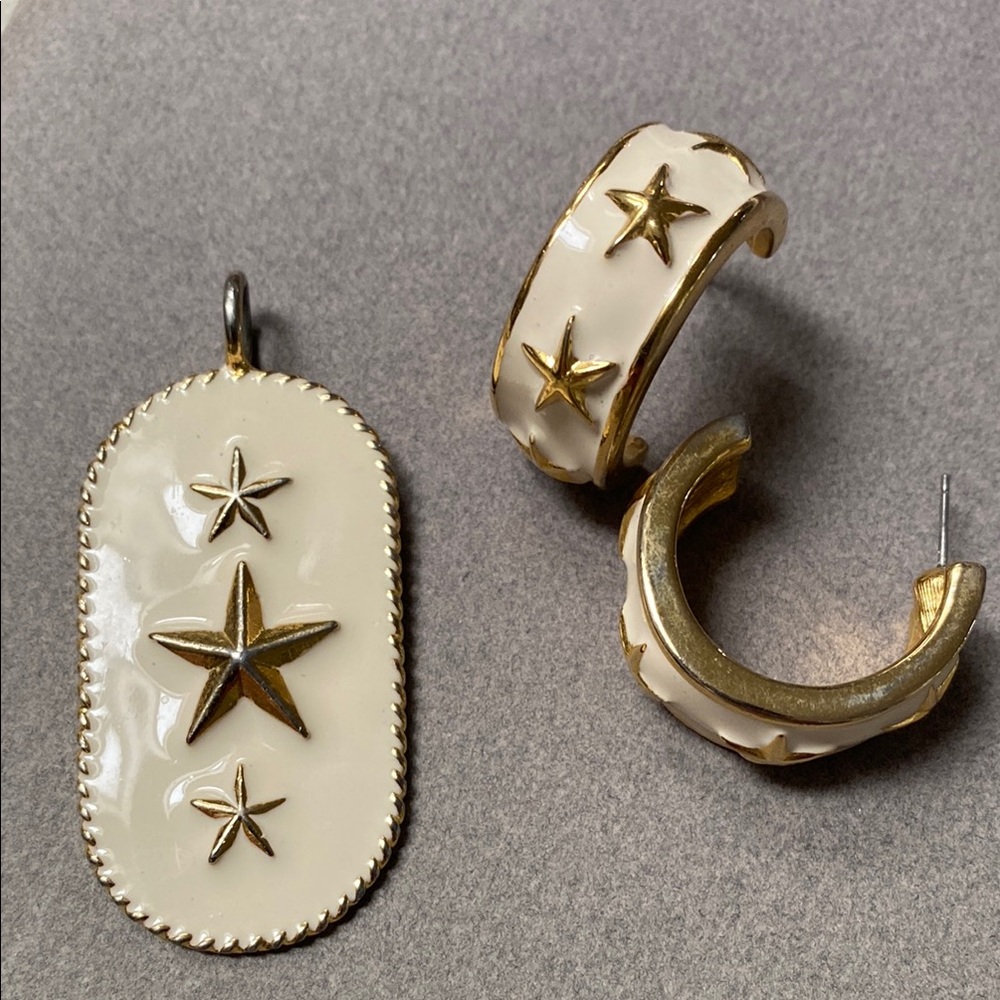 Vintage Enamel Cream and Gold Star Pendant and Earrings Set